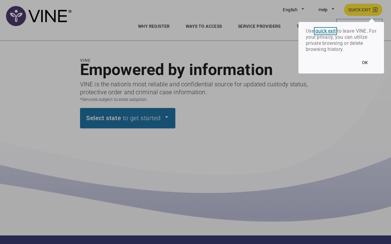 VINELink notification registration screen for Hancock County custody alerts