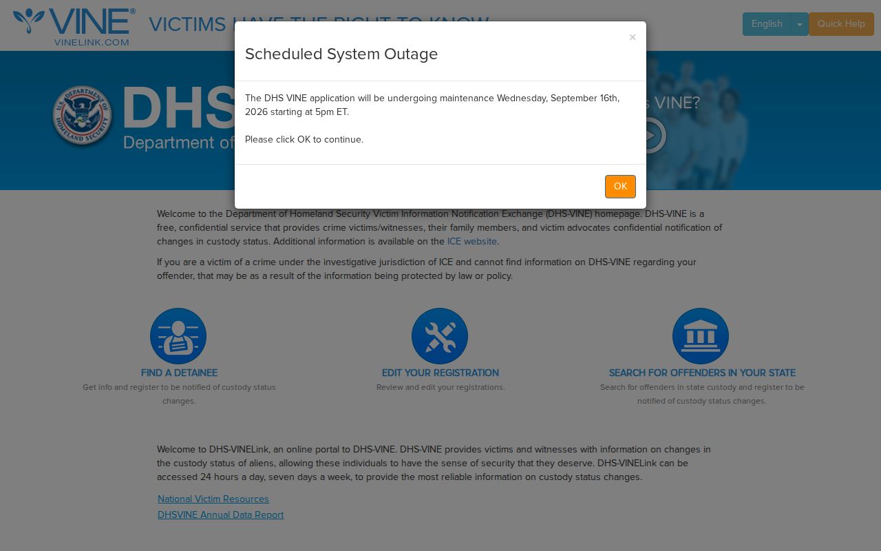 DHS VINELink federal interface separate from Hancock County arrest custody